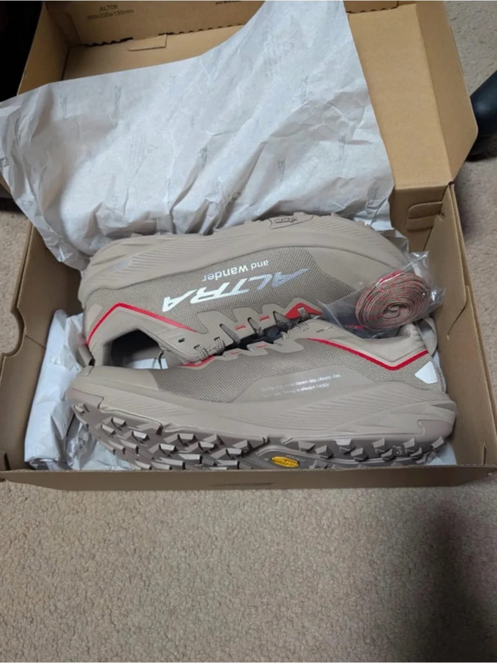 Altra Men's Trail Running Shoe in Beige with Red Accents
